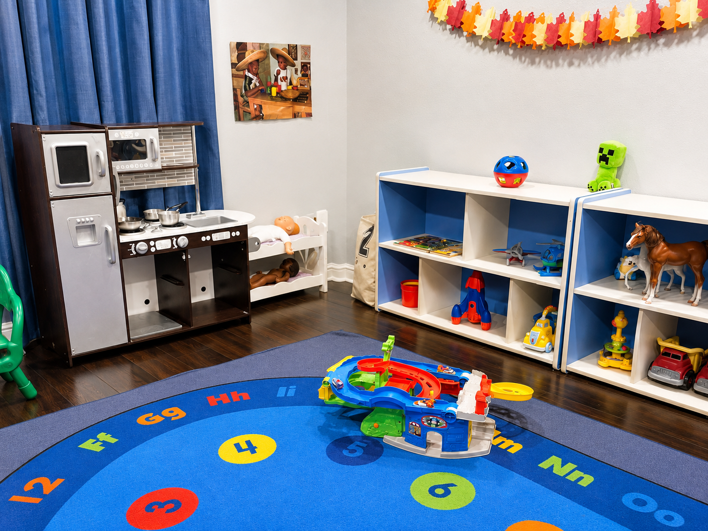 Children's play kitchen and toy area