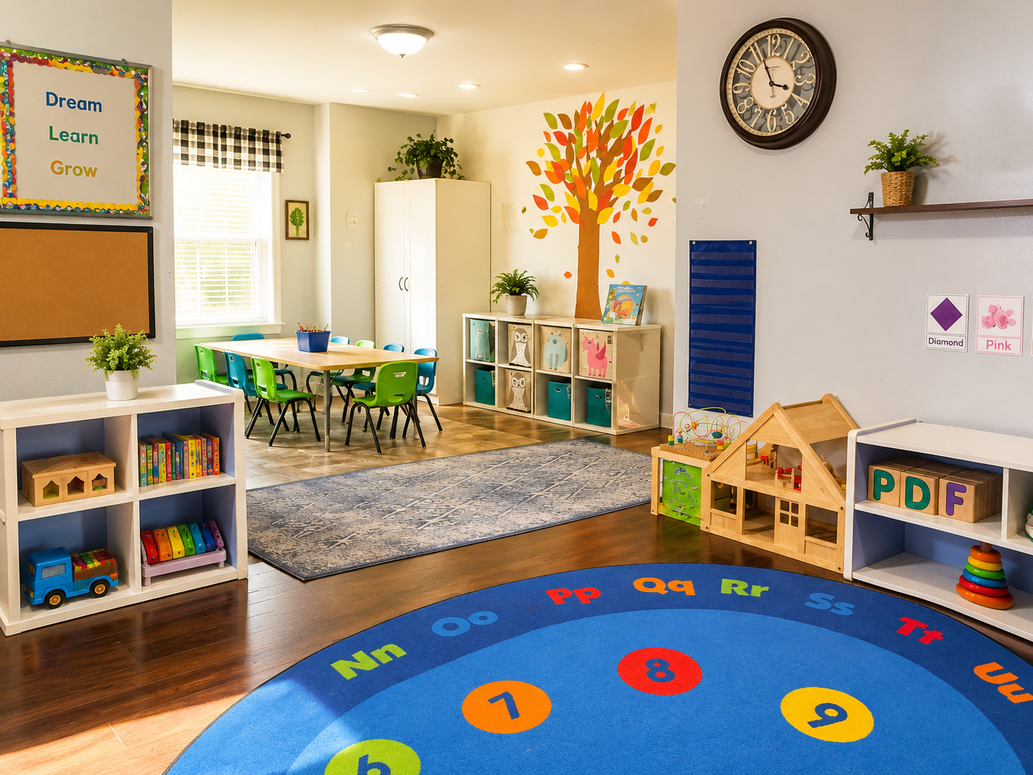 Happy child playing in a bright daycare classroom